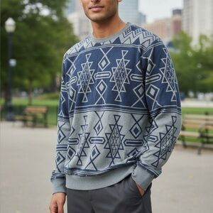 On the Byas Navy and Gray Patterned Crewneck Sweater size large Aztec Geometric
